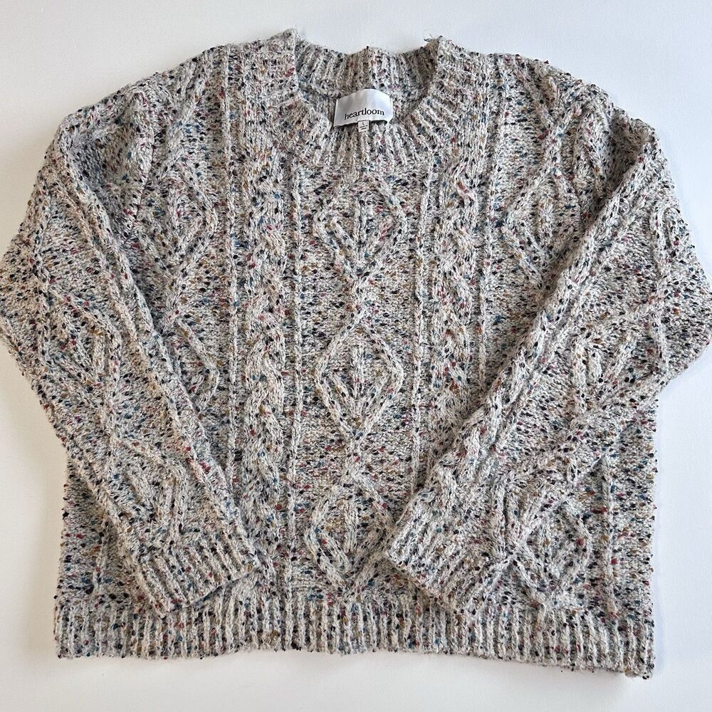 Heartloom Cable Knit Sweater Womens L Confetti Speckled Chunky Cozy Crewneck